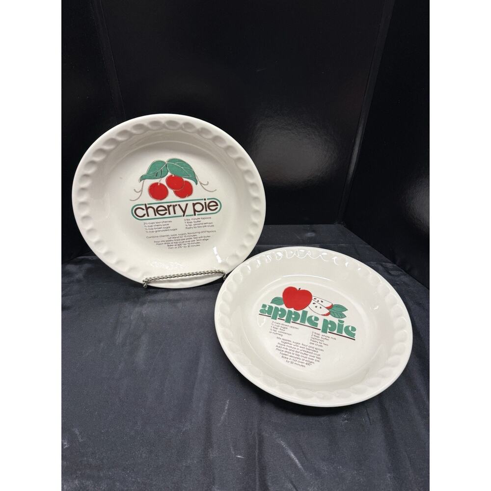 2 Vintage 1950s 10” Ceramic Pie Baking Dish With Recipe Plate Apple & Cherry